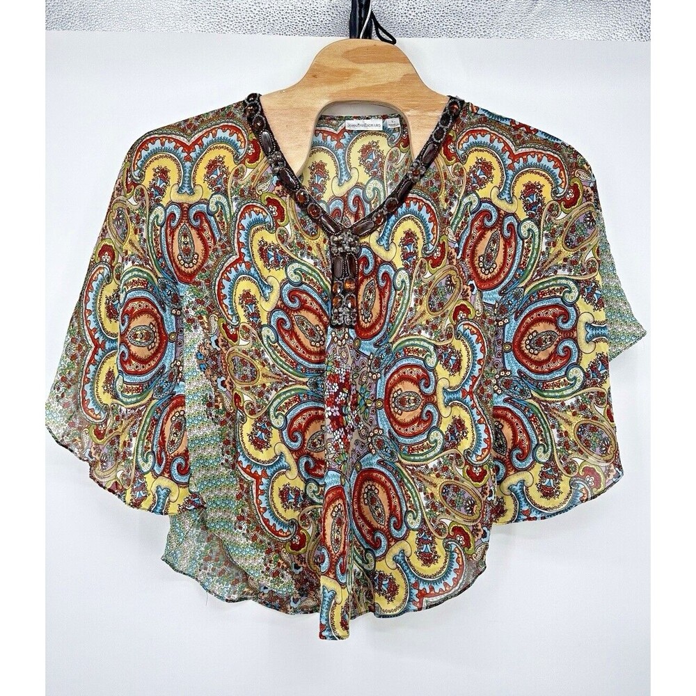 John Paul Richard Women Size Large Blue Tunic Top Blouse Shirt with Bell Sleeves
